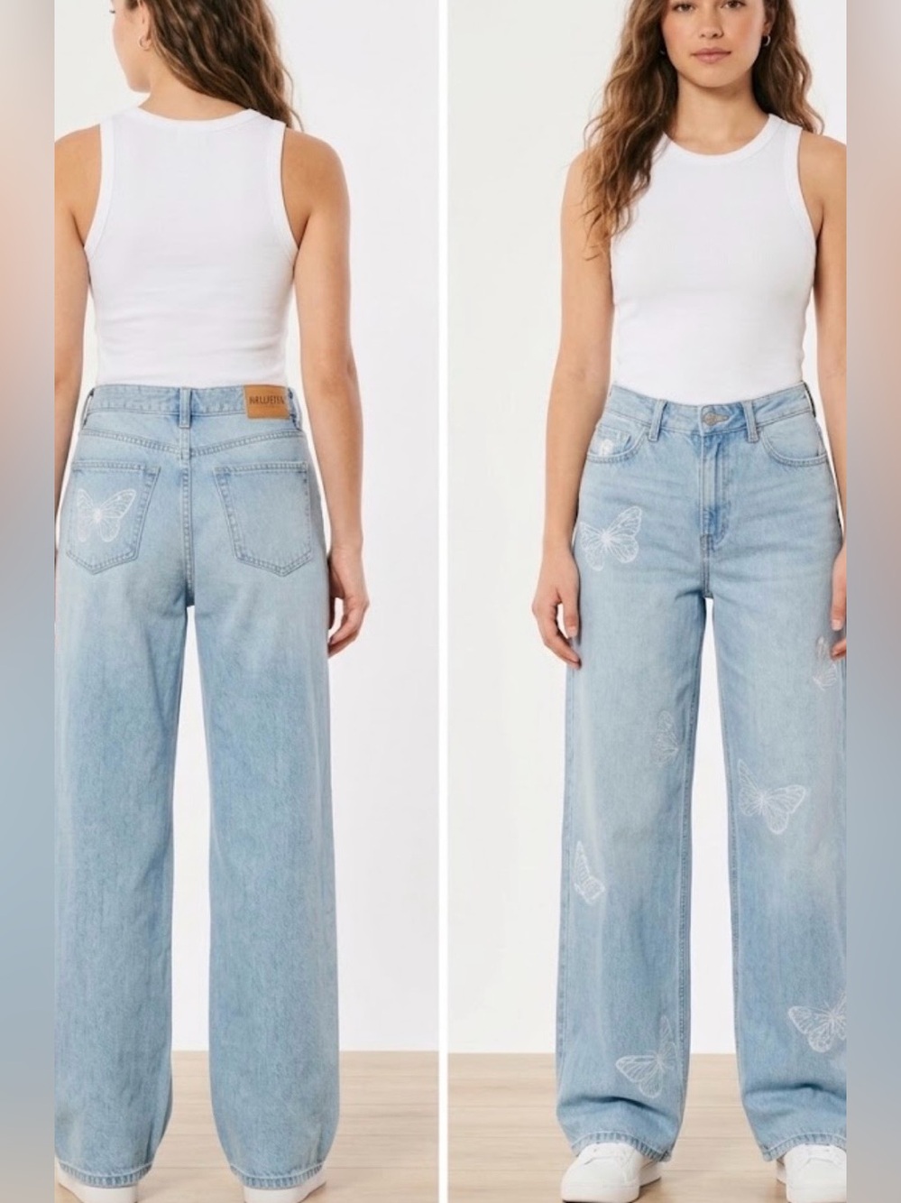 Hollister Light Blue Butterfly Embroidered Wide-Leg Jeans